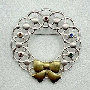Silver and Gold Wreath Brooch with Gem Accents